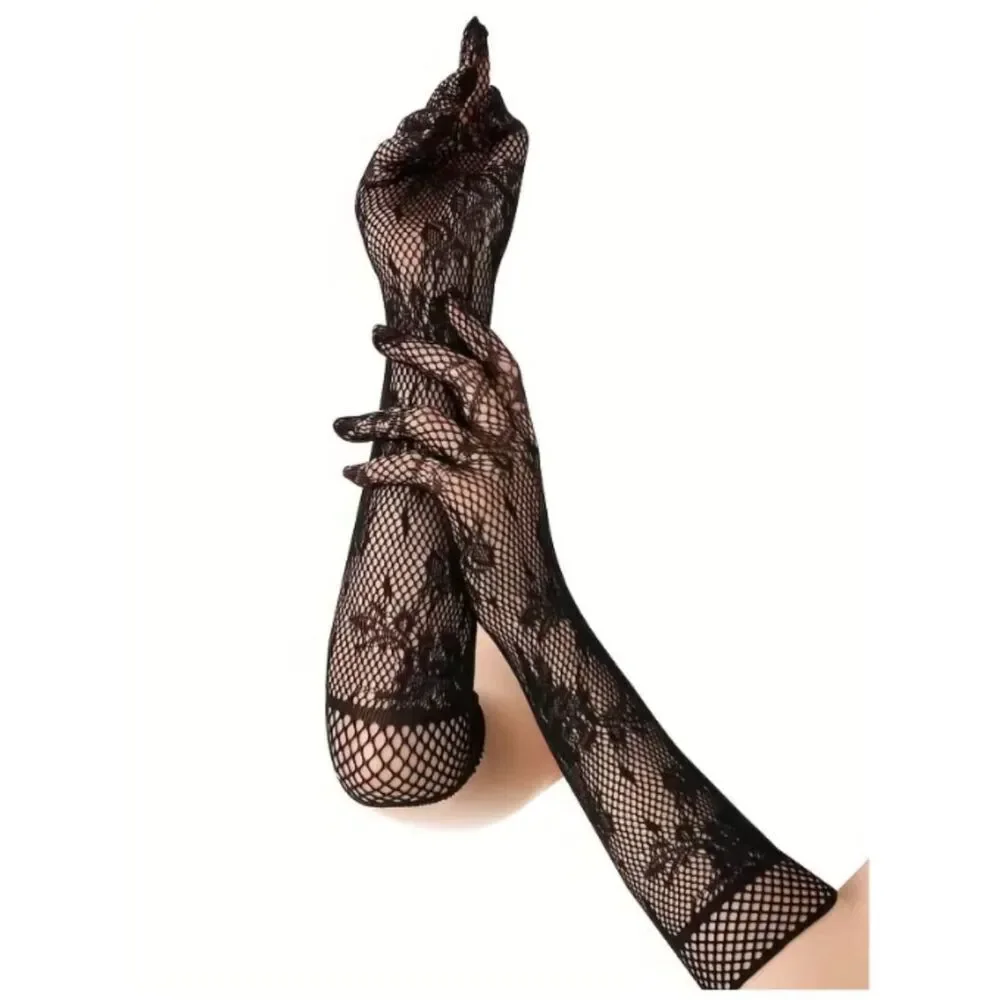 NWT Black Lace Fishnet Opera Gloves Floral Goth Costume Long Evening Formal